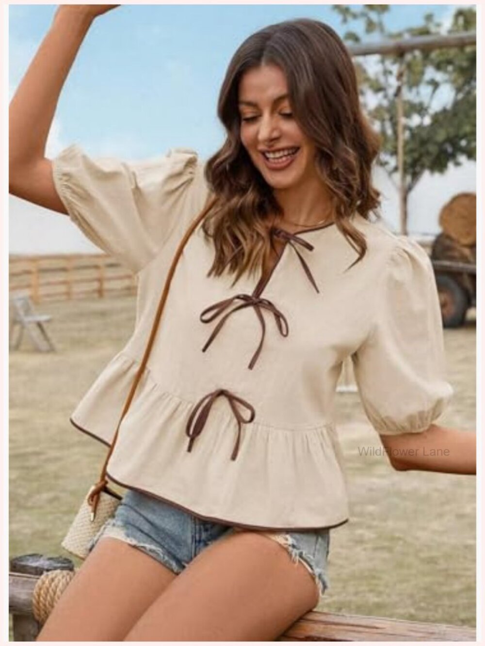 Puff Short Sleeve Bowknot Peplum Blouse Tunics Dressy Casual - Picture 2 of 7